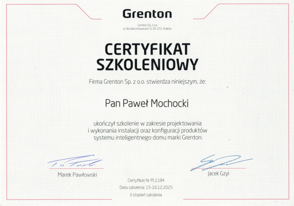 Miniatura dokumentu: Grenton – certyfikat szkoleniowy (grudzień 2025)