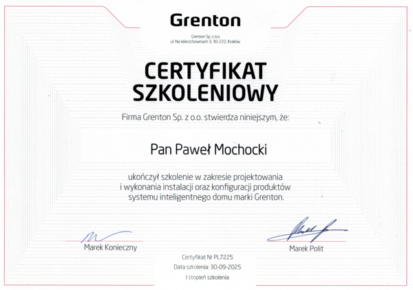 Miniatura dokumentu: Grenton – certyfikat szkoleniowy (wrzesień 2025)